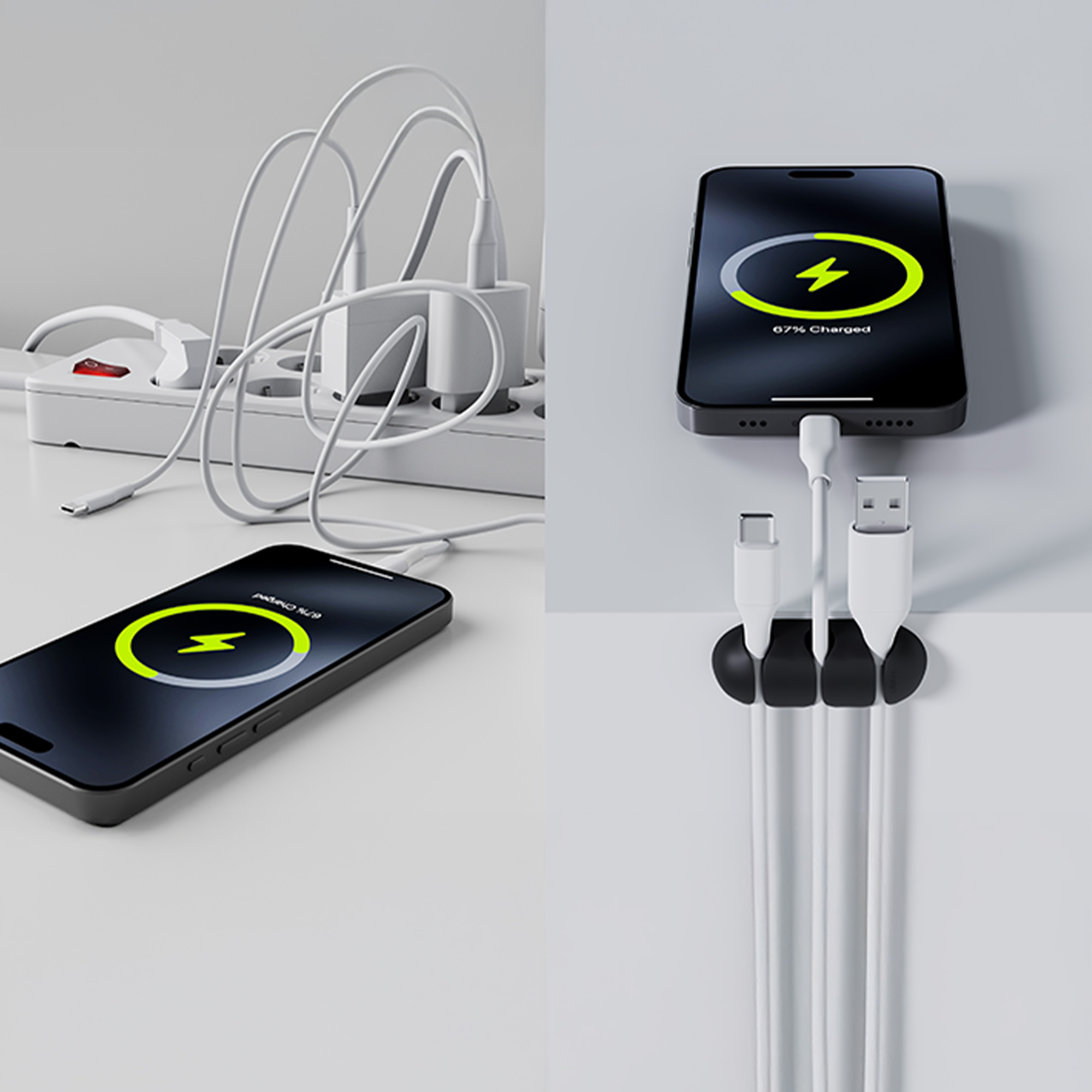 Dwa telefony w trakcie ładowania. Białe kable podłączone do listwy zasilającej i koncentratora USB. Telefony pokazują symbol ładowania.