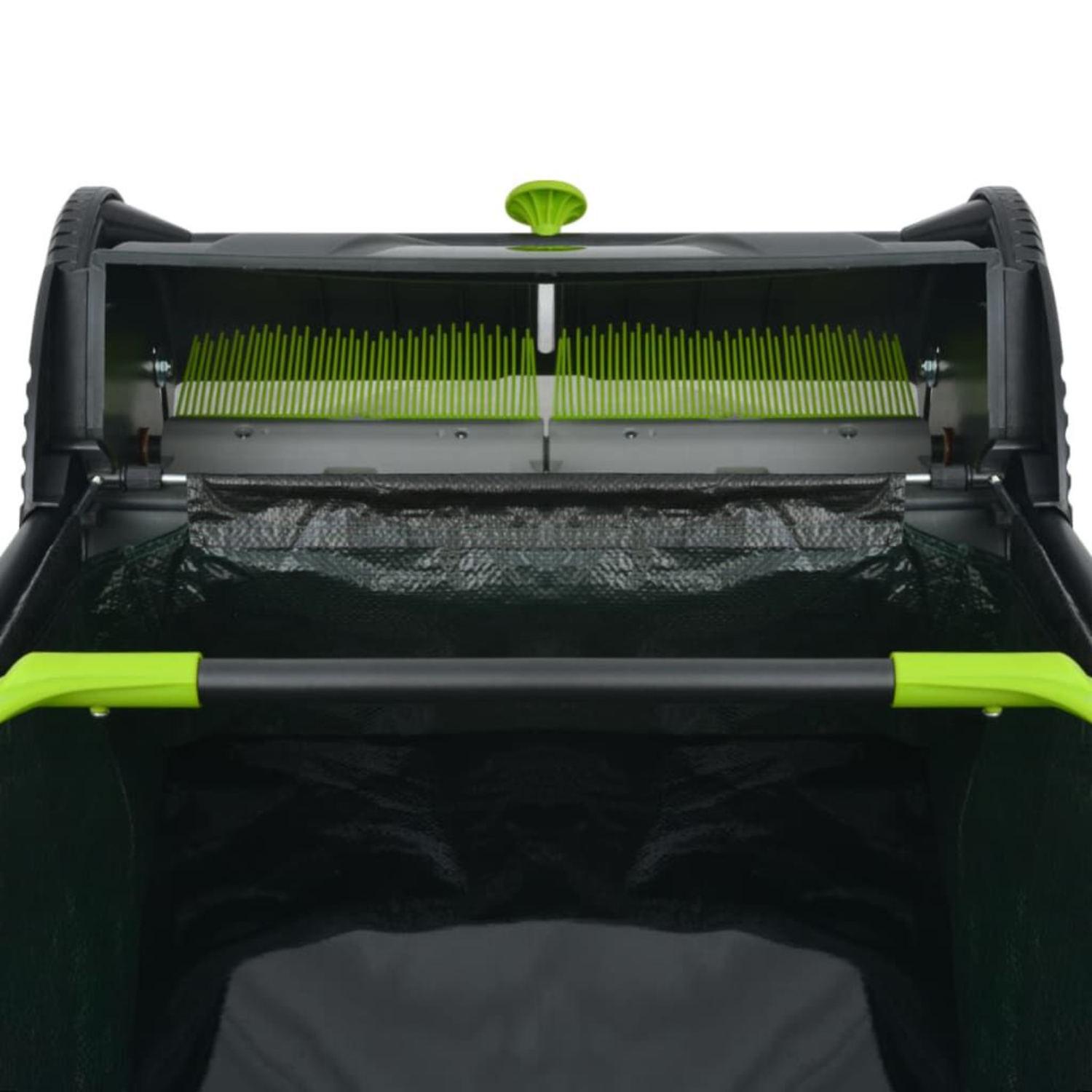 Grüner und schwarzer Gartenwagen mit grünen Griffen. Der Wageninnenraum ist sichtbar.