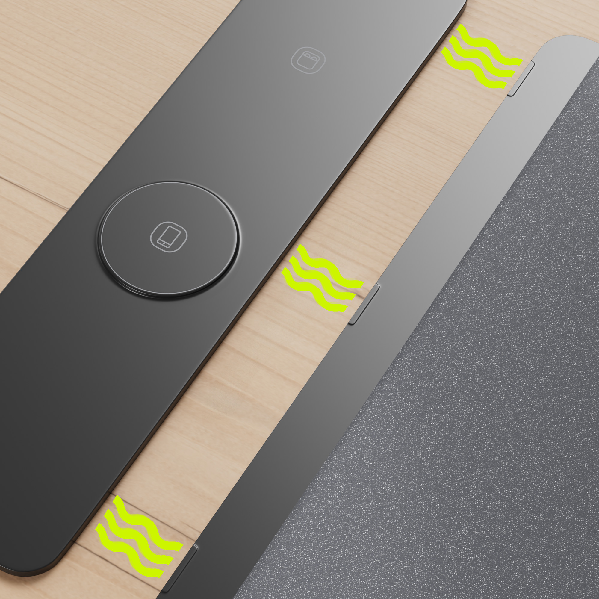 Dwa ciemnoszare urządzenia z symbolem ładowania bezprzewodowego i zielonymi falistymi liniami.