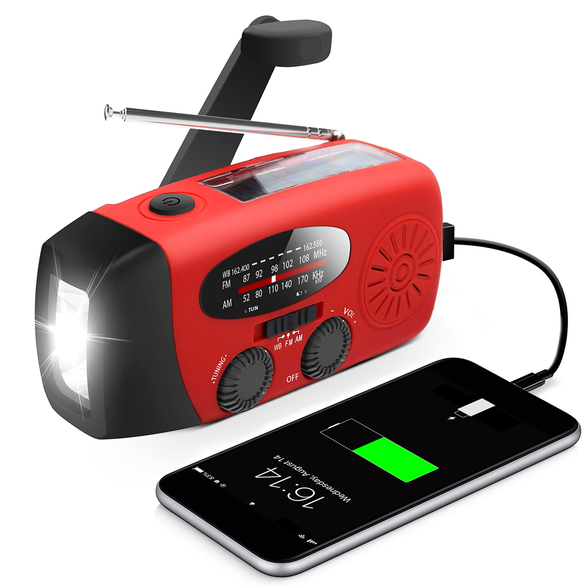 Rotes und schwarzes solarbetriebenes Radio mit ladendem Telefon. Telefon lädt, Akkusymbol.