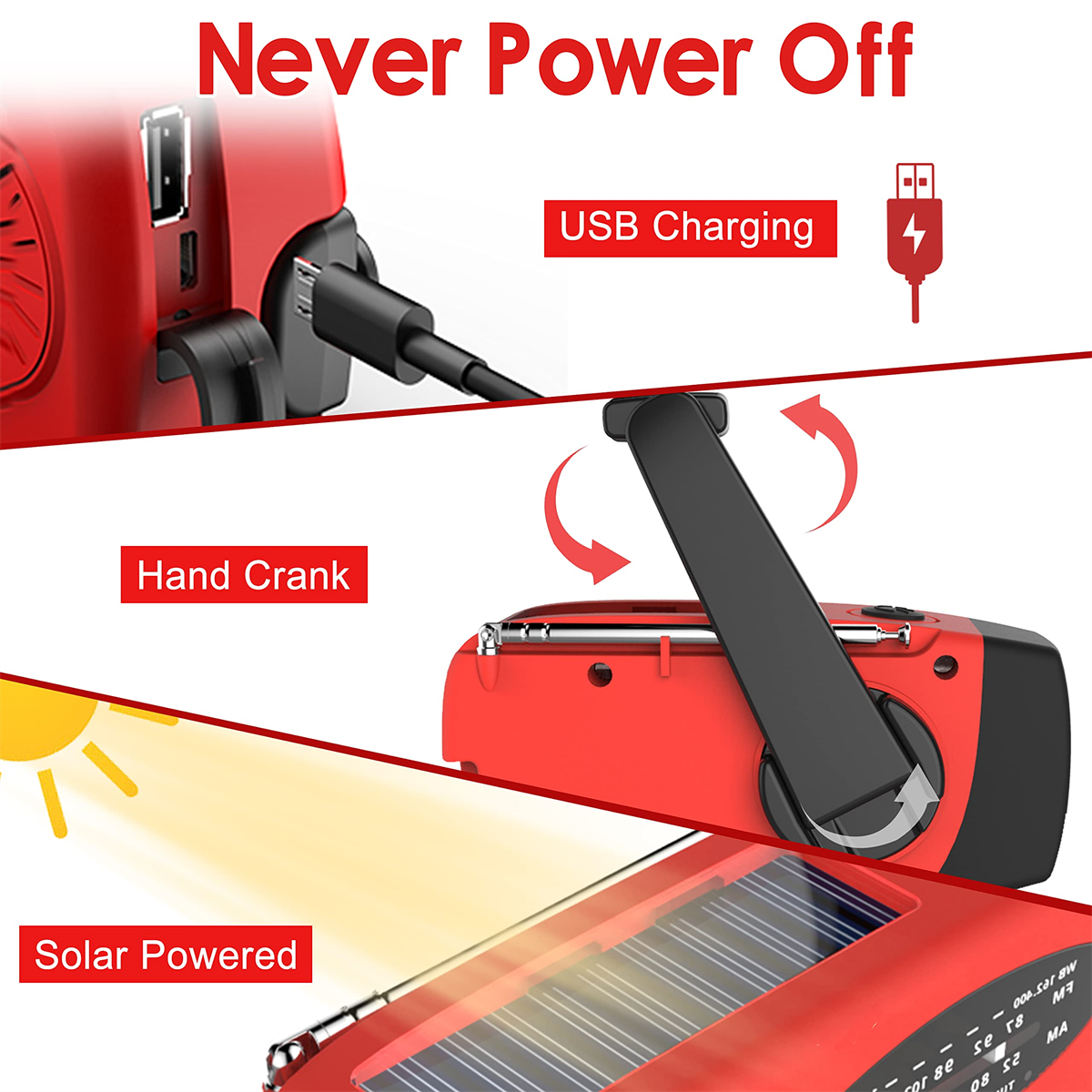 Ein rotes Radio. Es verfügt über eine Handkurbel, USB-Lademöglichkeiten und Solarstrom.