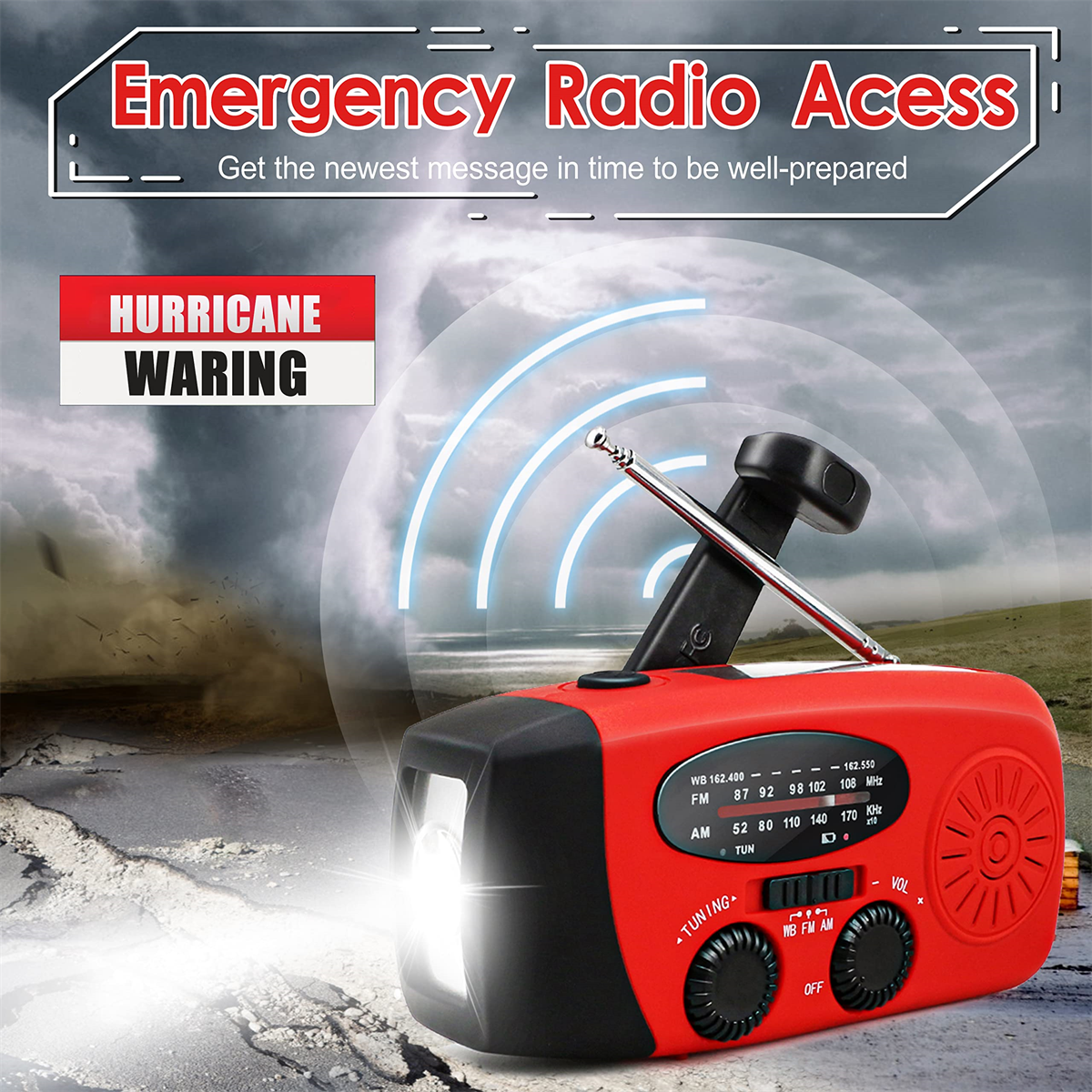 Ein rotes und schwarzes Notfallradio mit Licht und Antenne, mit einer Hurrikanwarnung.