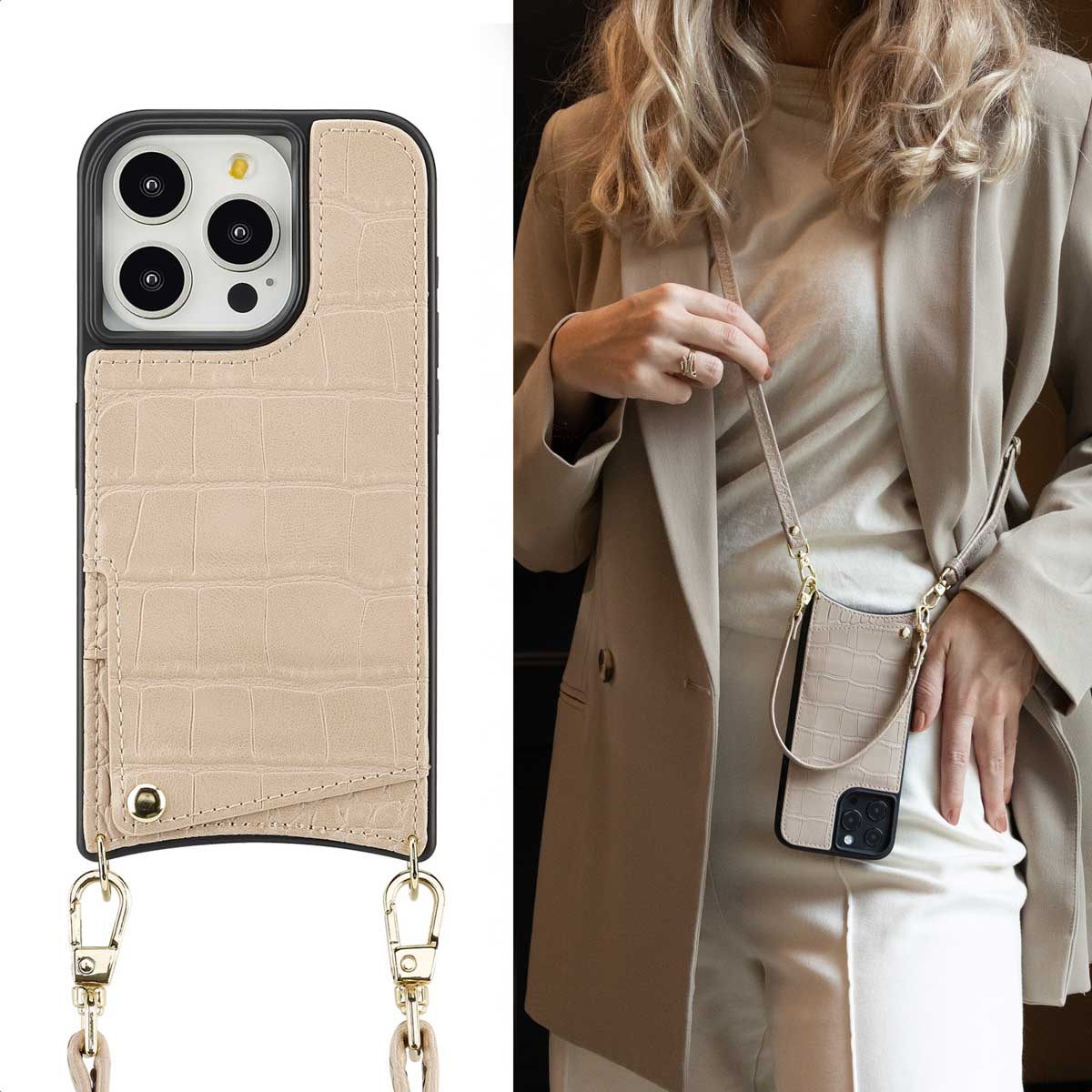 Een telefoonhoesje met een riem, met een vrouw die de telefoon in haar hand houdt.