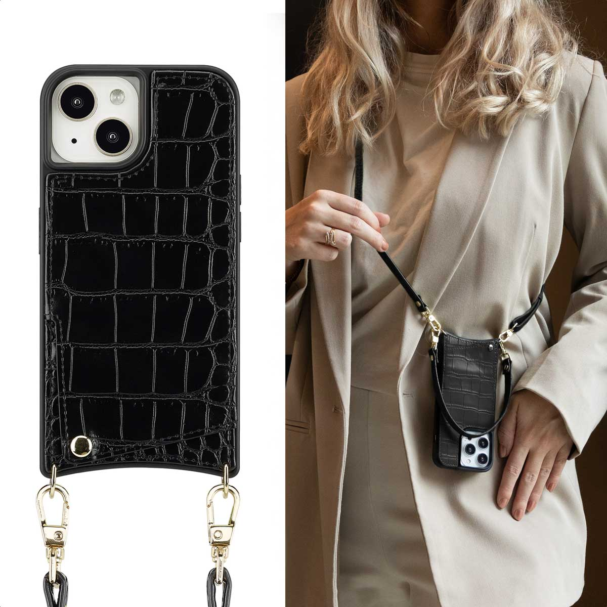 Black phone case with crocodile texture, gold accents, and strap. Woman wears it as a necklace.