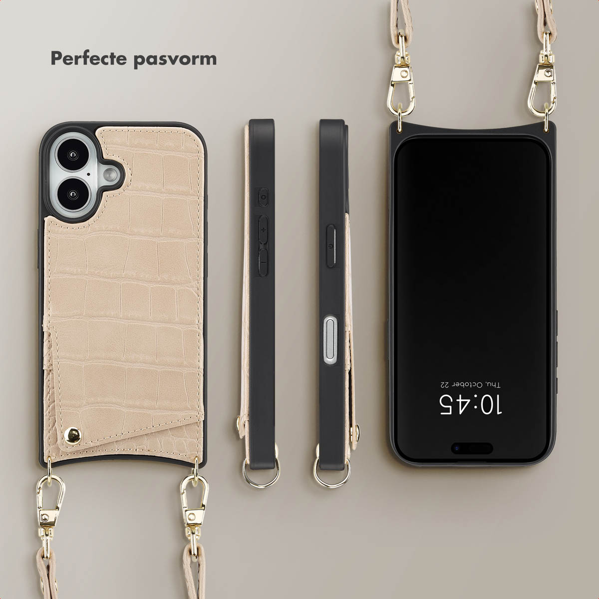 Telefoonhoesje, telefoon en riem. De hoes heeft een gestructureerd ontwerp en riem met gouden hardware.