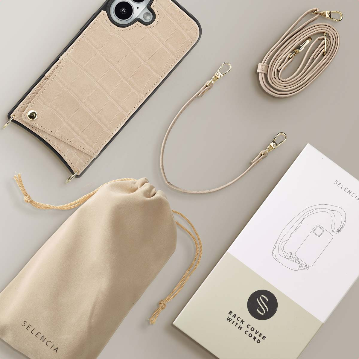 SELENCIA Nova Croco Backcover met koord en pashouder - Geschikt voor Apple iPhone 16 - Telefoonhoesje voor Apple iPhone 16 Beige