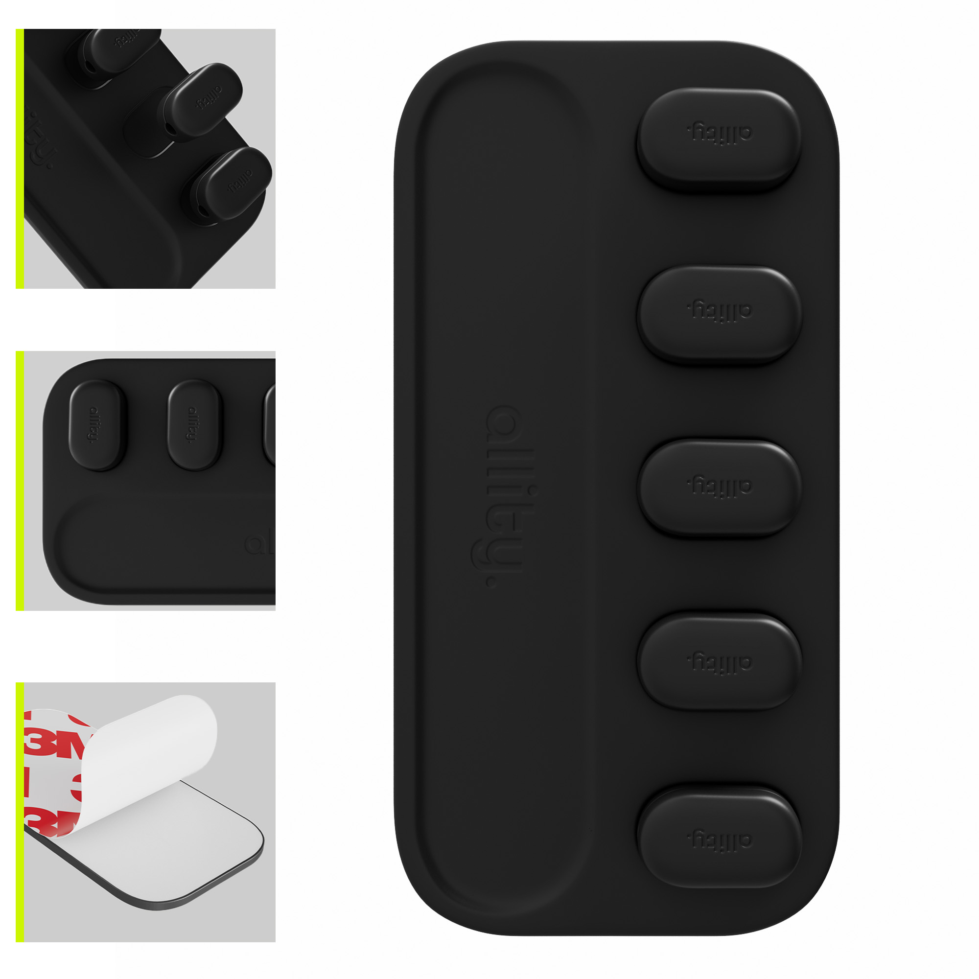 Czarny stojak na wiele urządzeń z kilkoma przyciskami. Posiada samoprzylepne podkładki i nazwę marki.