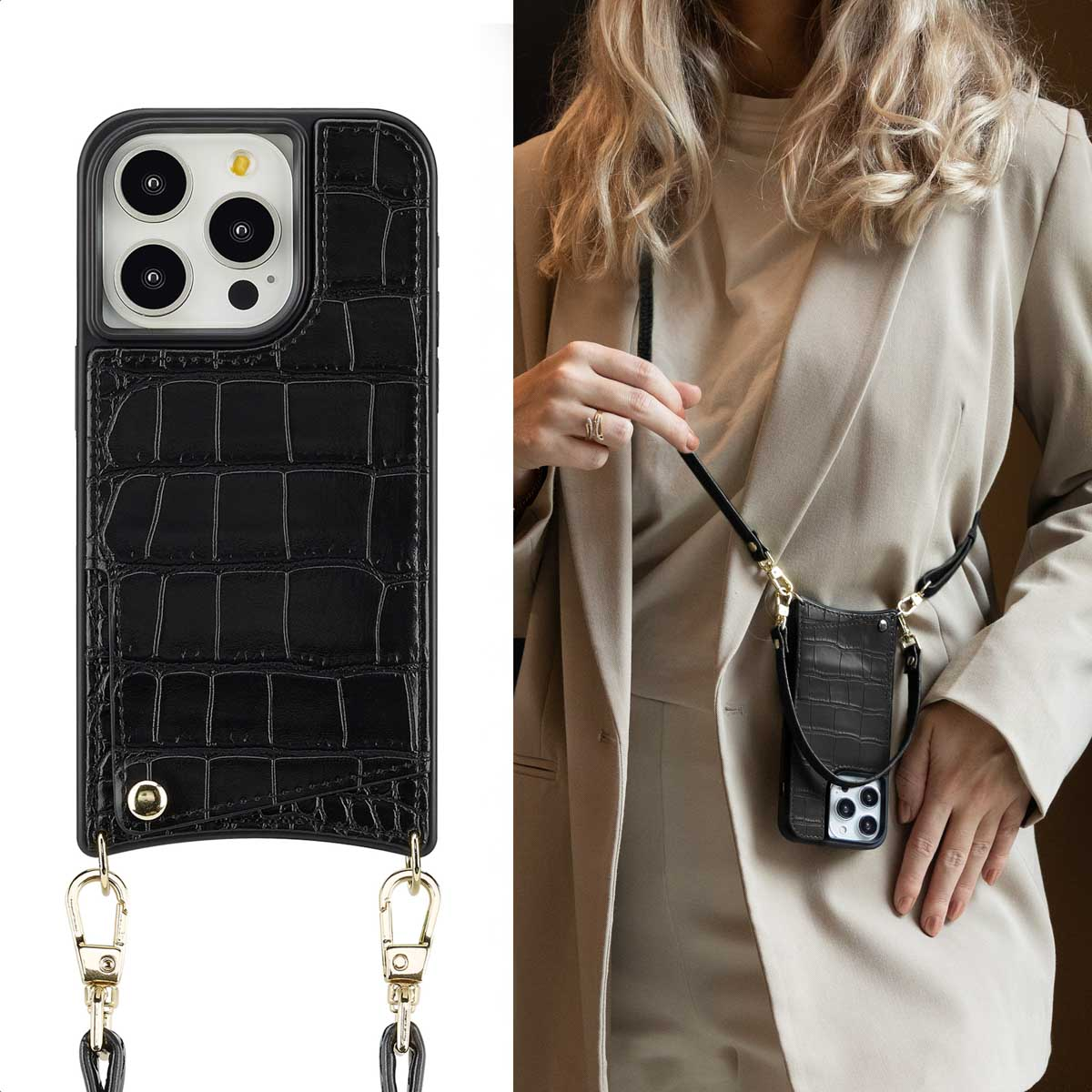 Un étui de téléphone noir avec une sangle et une femme tenant un étui similaire avec son téléphone dedans.