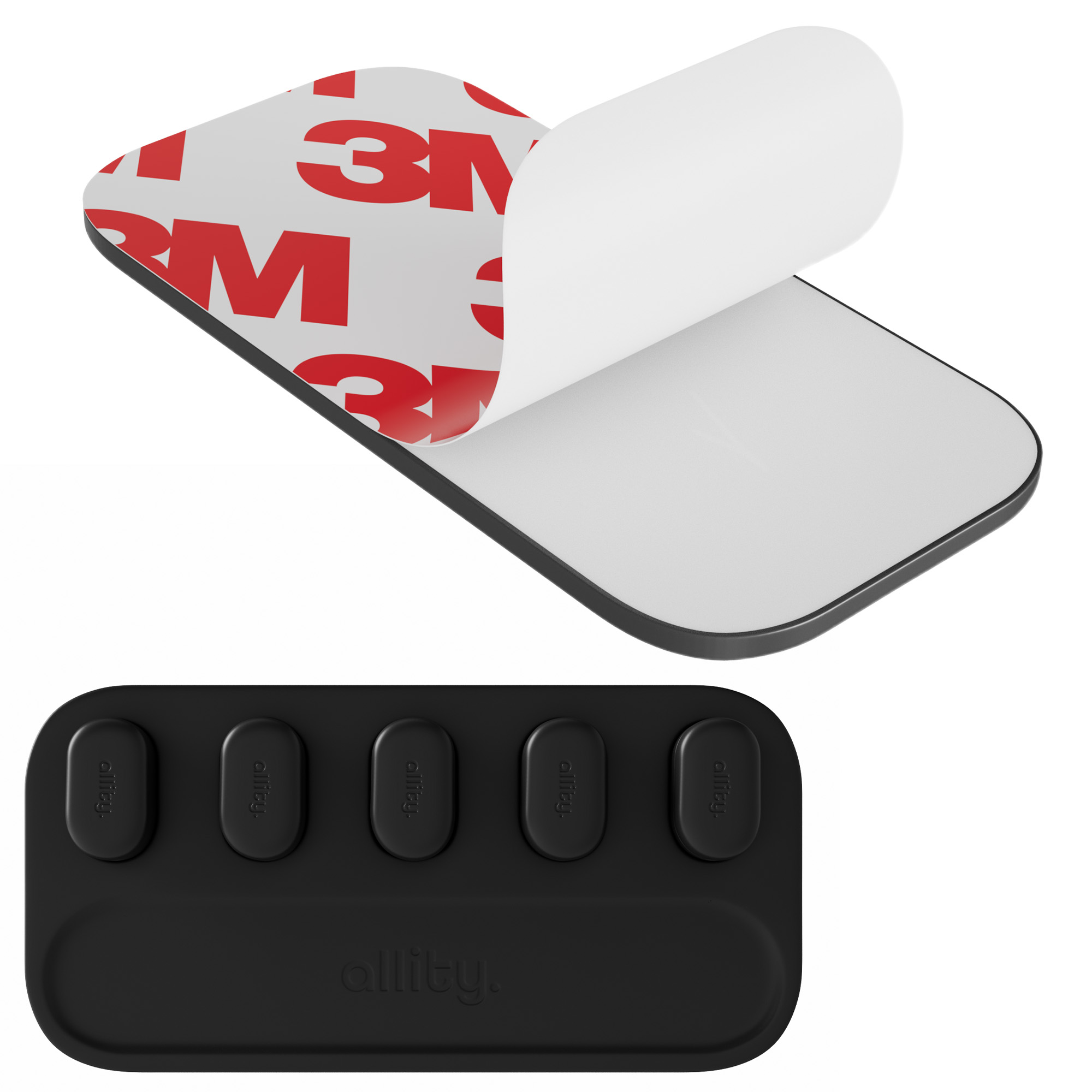 Dwa elementy, podkładka samoprzylepna i czarny organizer z pięcioma gniazdami, odsłonięty klej.