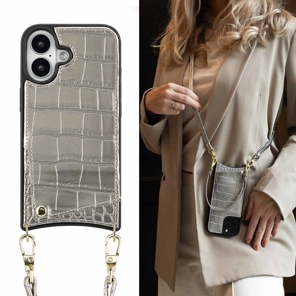 SELENCIA Nova Croco Backcover met koord en pashouder - Geschikt voor Apple iPhone 16 - Telefoonhoesje voor Apple iPhone 16 Zilver