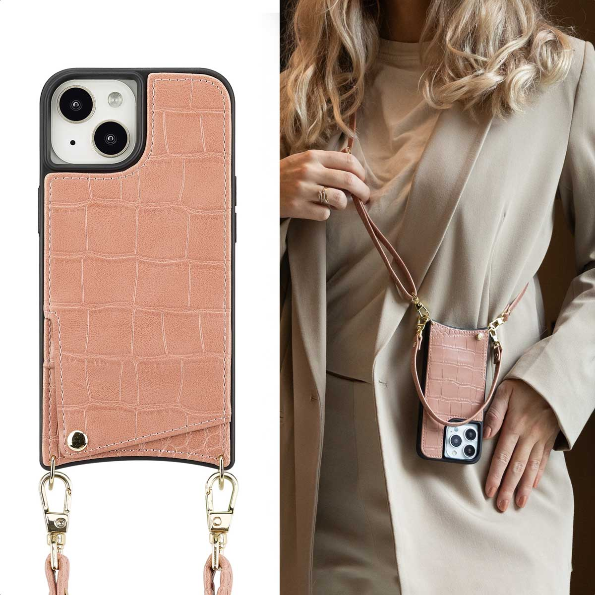 SELENCIA Nova Croco Backcover met koord en pashouder geschikt voor iPhone 15 Phone case for Apple iPhone 15 Pink