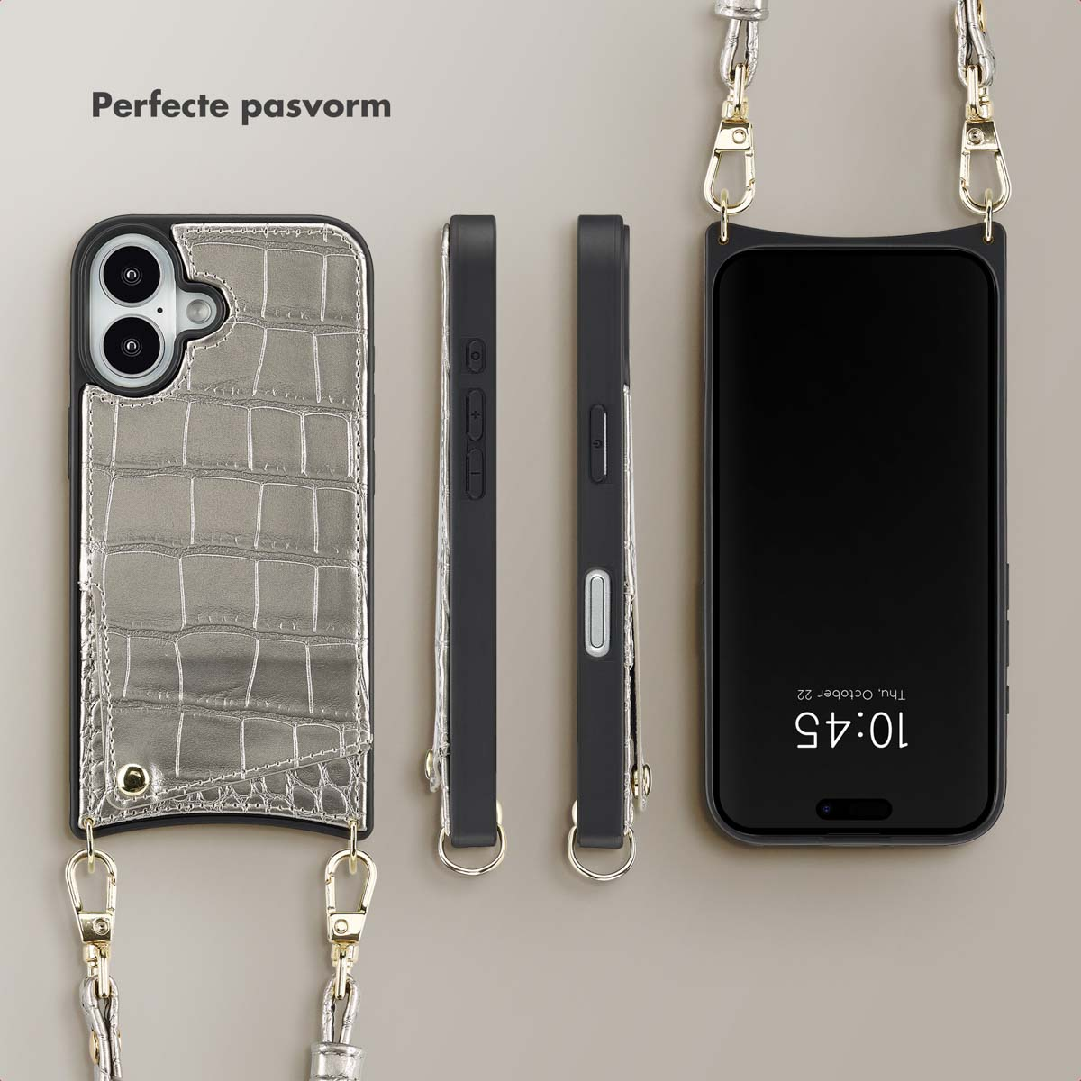 SELENCIA Nova Croco Backcover met koord en pashouder - Geschikt voor Apple iPhone 16 - Telefoonhoesje voor Apple iPhone 16 Zilver