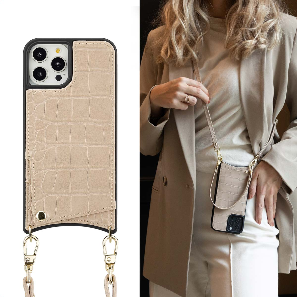Een telefoonhoesje met een riem, in de hand van een vrouw. Beige met krokodillenpatroon en gouden details.