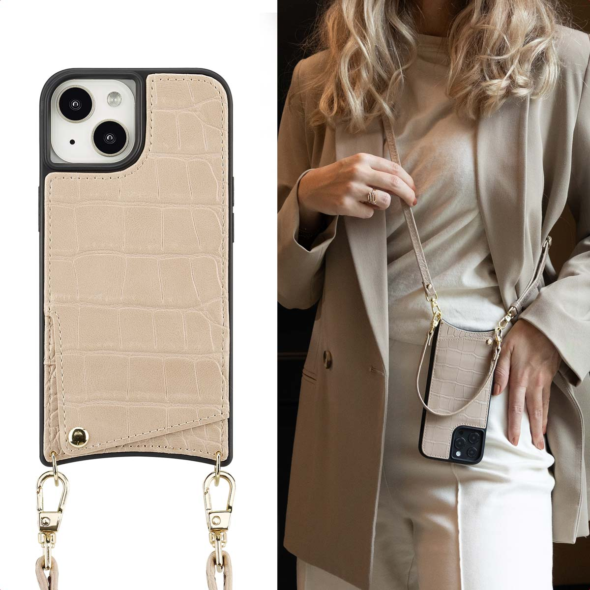 Woman holding a phone case with a strap. Case is beige, crocodile texture. Second case shown.