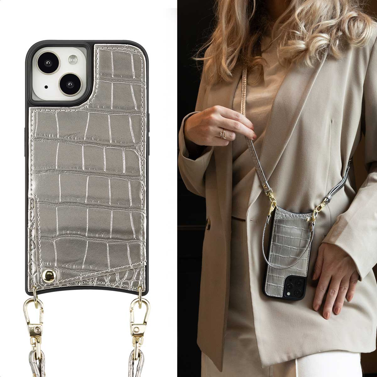 SELENCIA Nova Croco Backcover met koord en pashouder geschikt voor iPhone 15 Phone case for Apple iPhone 15 Silver