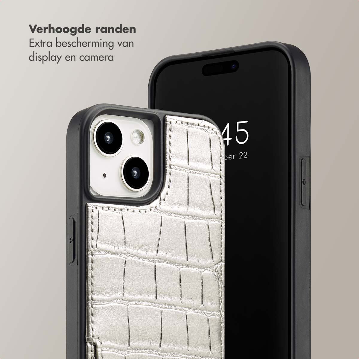 SELENCIA Nova Croco Backcover met koord en pashouder geschikt voor iPhone 15 Phone case for Apple iPhone 15 Silver