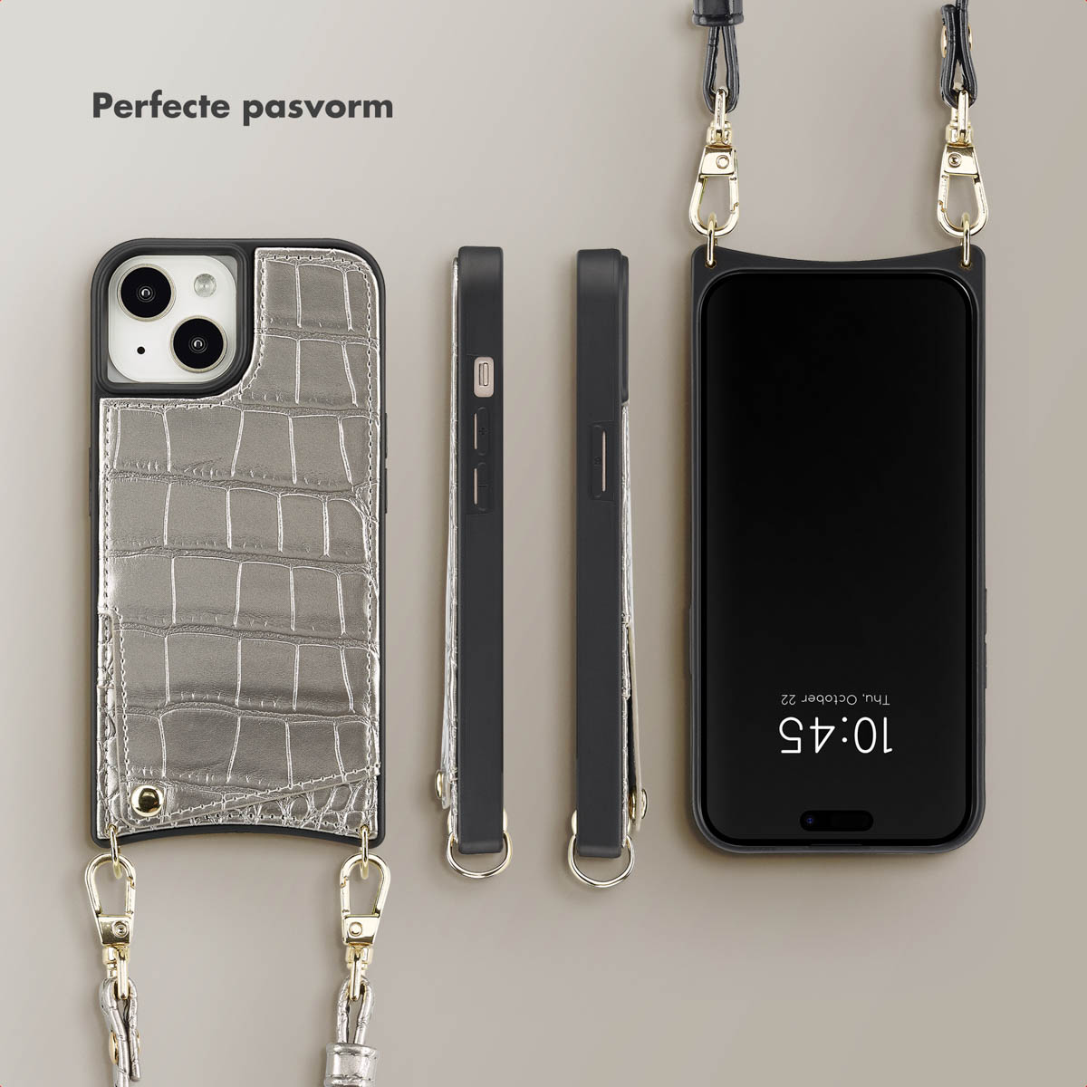 SELENCIA Nova Croco Backcover met koord en pashouder geschikt voor iPhone 15 Phone case for Apple iPhone 15 Silver