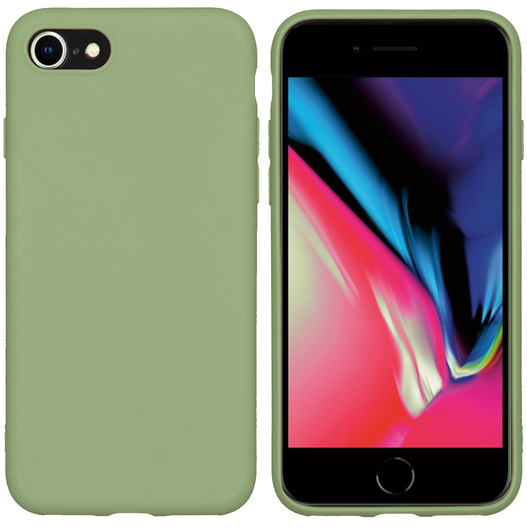 A phone and case. The phone is on. The case is olive green. White background.