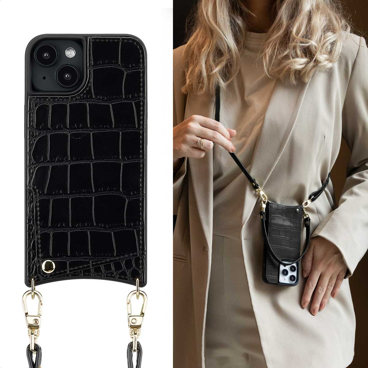 Custodia per telefono nera con texture coccodrillo su una donna, con cinturino.