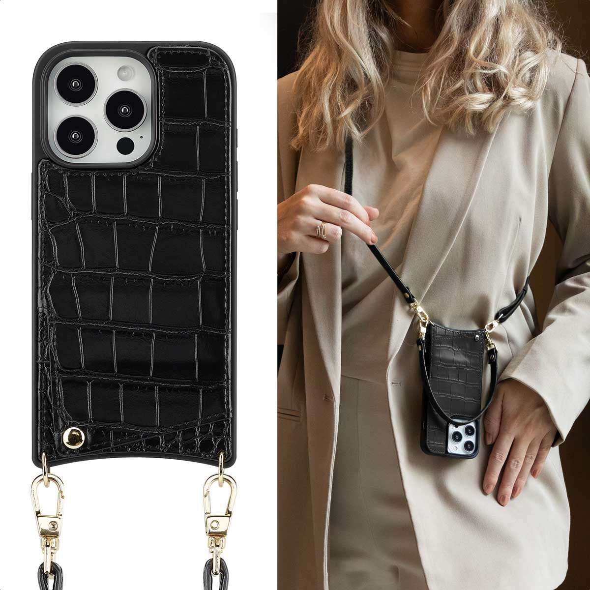 Zwarte telefoonhoes met een riem, gedragen door een persoon in een blazer.