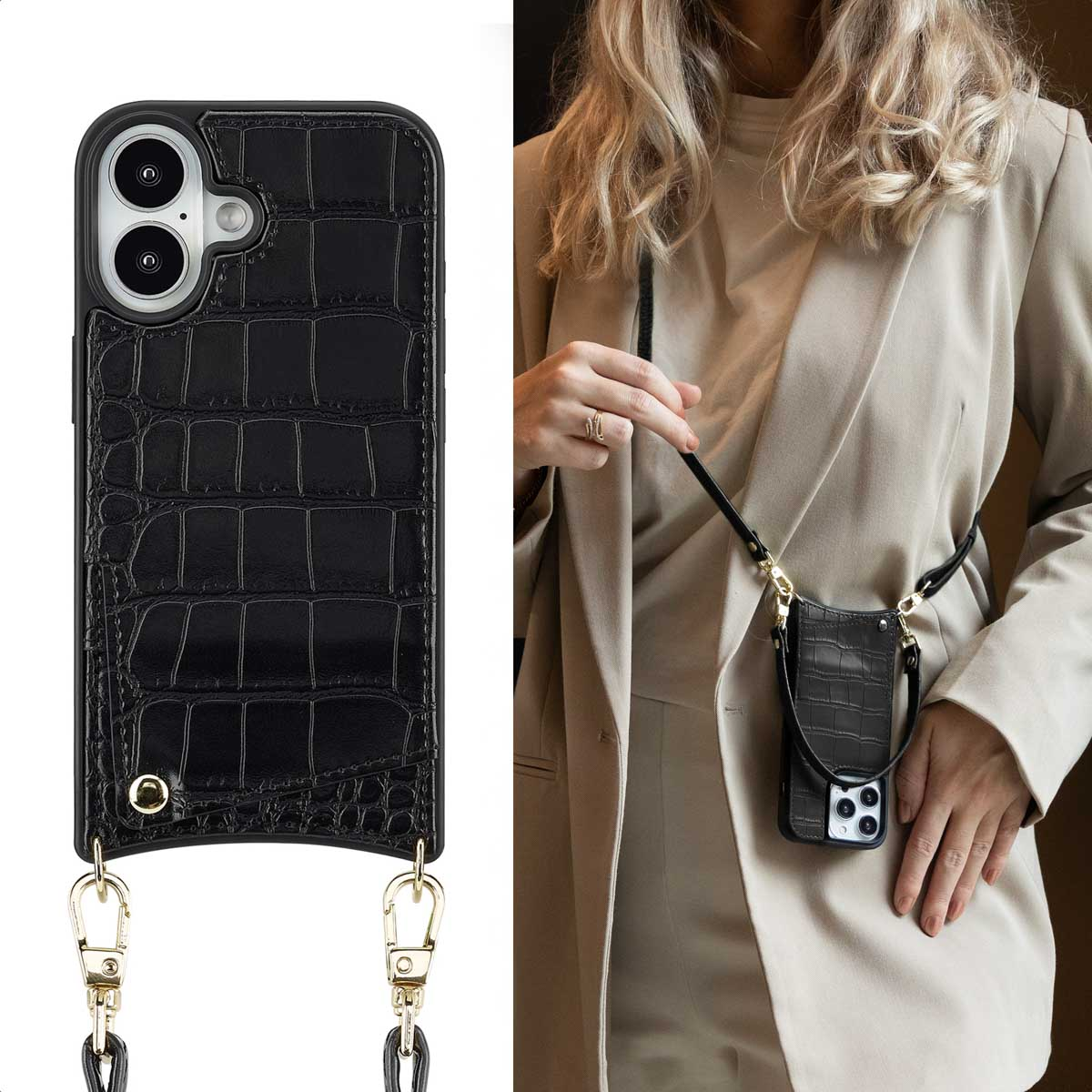 Zwarte telefoonhoes met gouden accenten en riem, vastgehouden door een vrouw in een beige blazer.