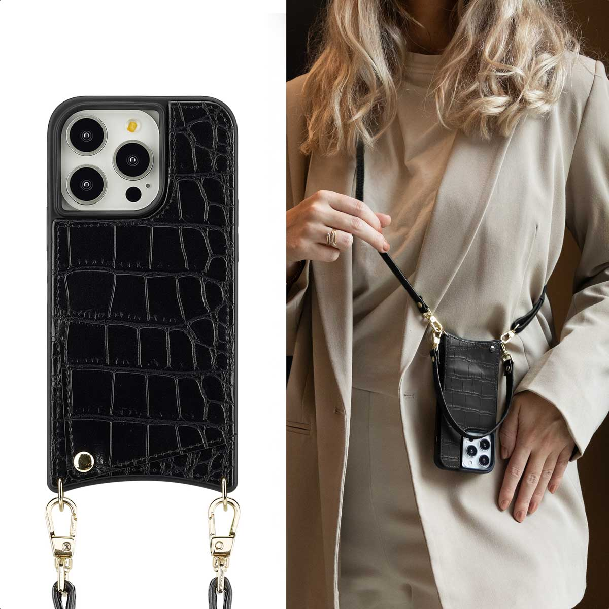 Coque de téléphone noire avec motif crocodile. Une personne la porte autour du cou.