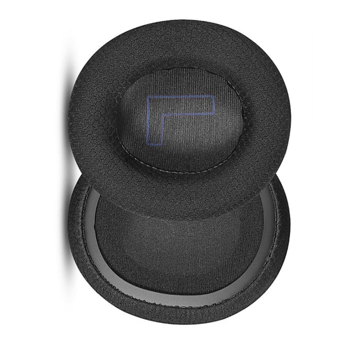 Dwie czarne poduszki na uszy. Wewnętrzna poduszka ma niebieski kształt 'L'.