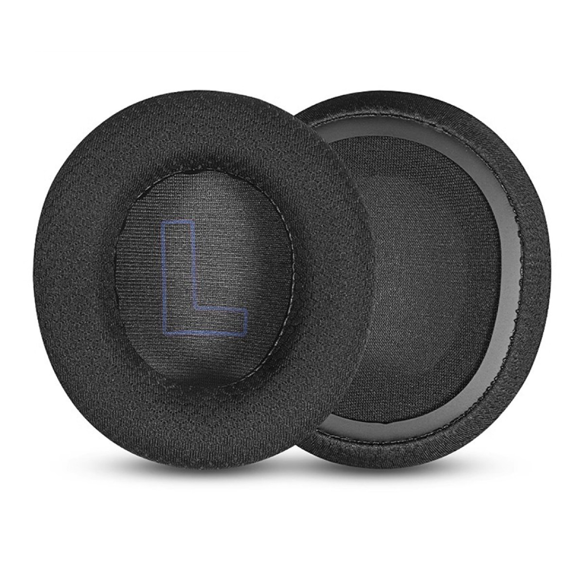 Para czarnych nauszników do słuchawek. Jedna poduszka pokazuje niebieskie 'L' w środku.