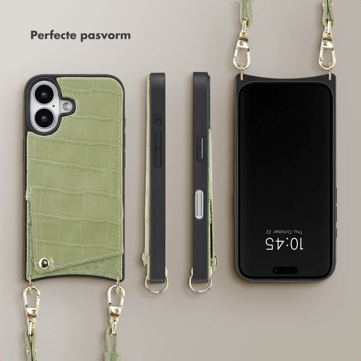 SELENCIA Nova Croco Backcover met koord en pashouder geschikt voor Apple iPhone 16 Telefoonhoesje voor Apple iPhone 16 Groen