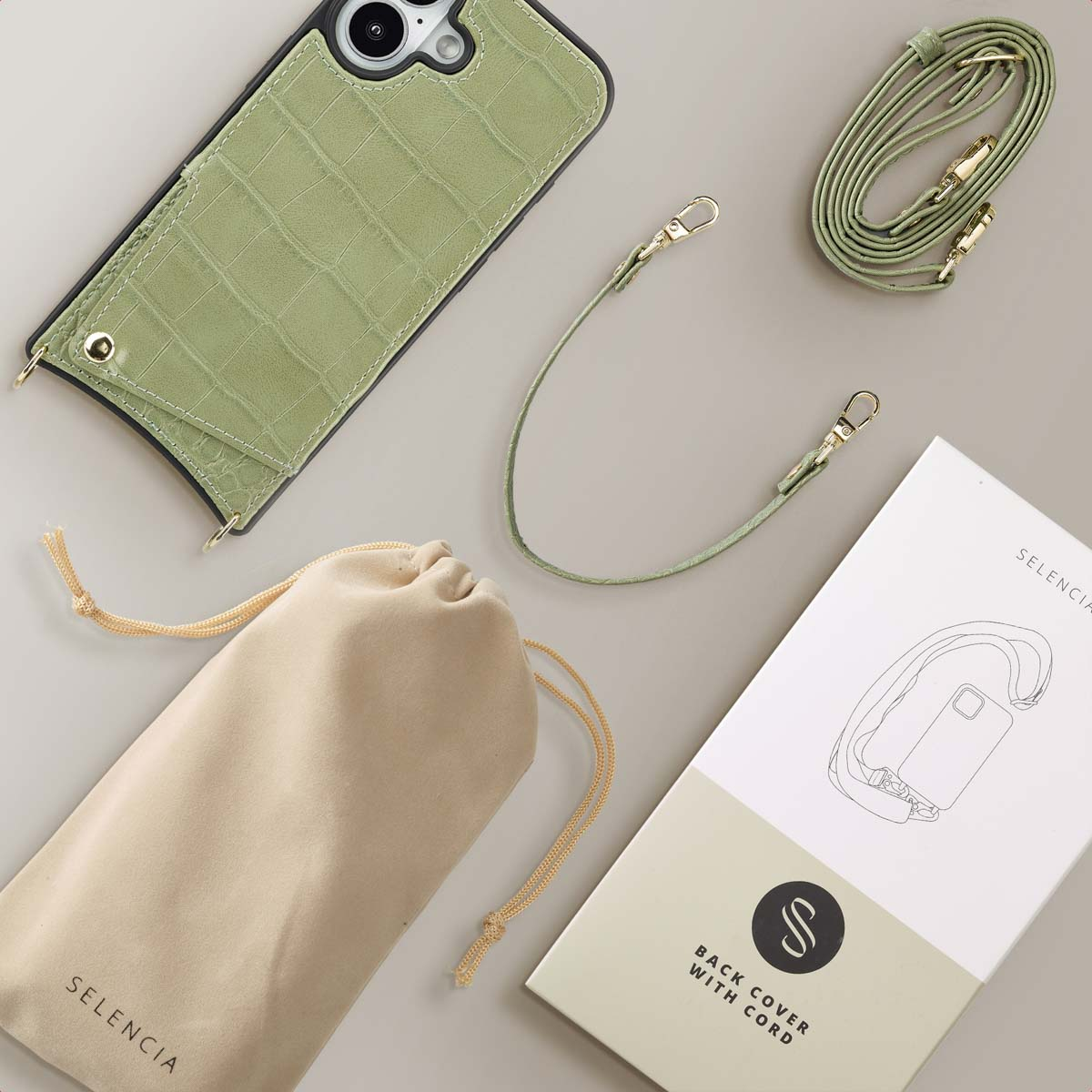 SELENCIA Nova Croco Backcover met koord en pashouder geschikt voor Apple iPhone 16 Telefoonhoesje voor Apple iPhone 16 Groen