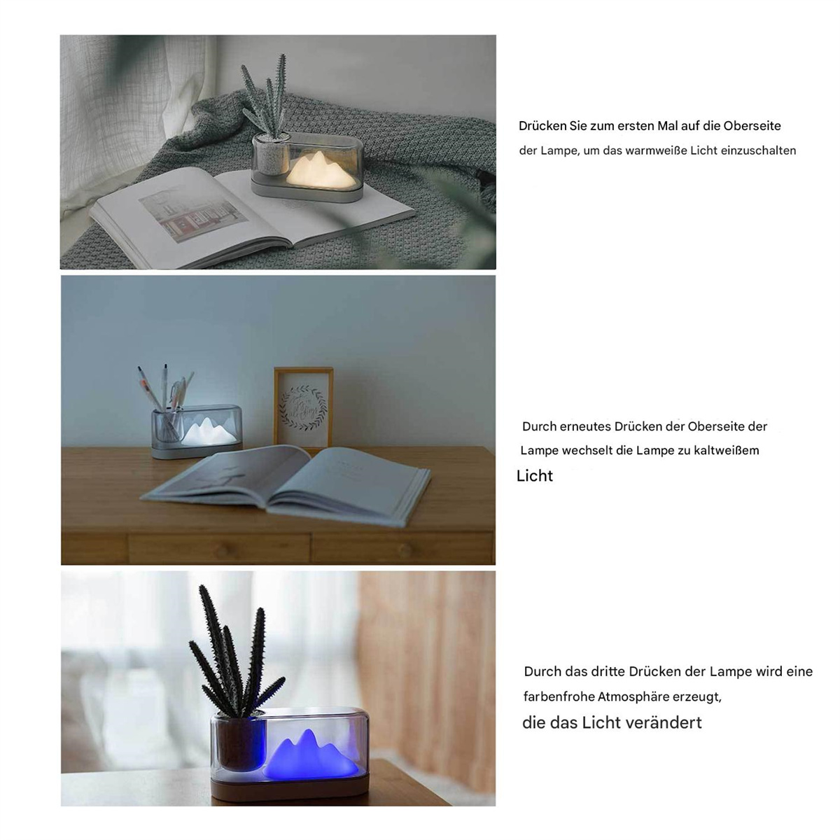 Drei Bilder zeigen eine Lampe. Erstens: Licht an. Zweitens: Licht aus. Drittens: buntes Licht. Text beschreibt Lampenfunktionen.