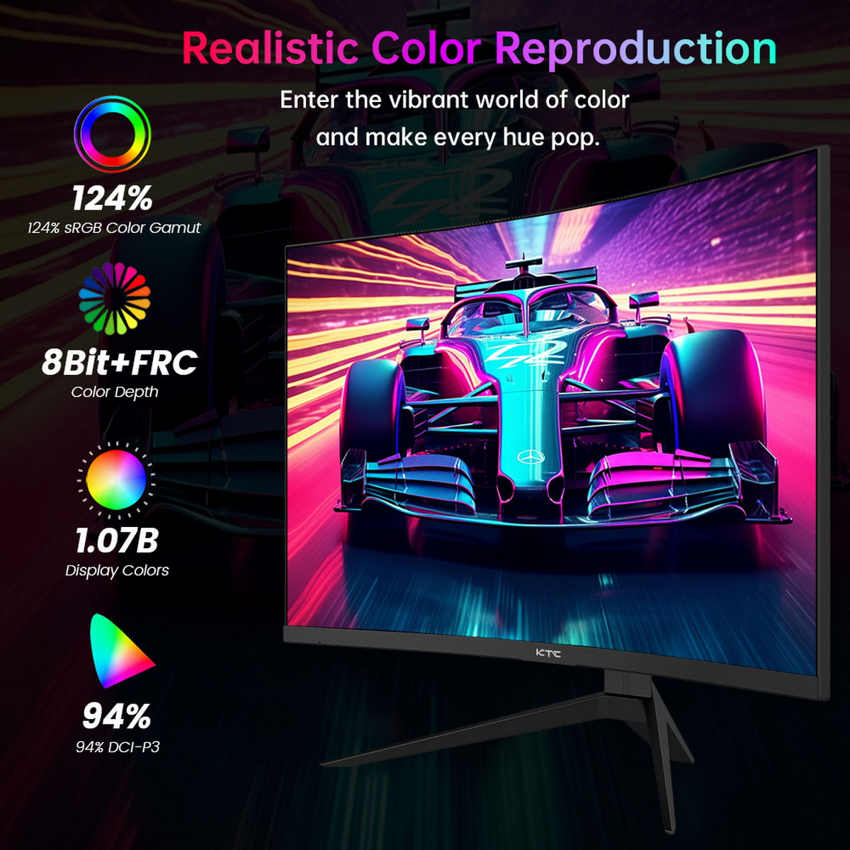 Monitor komputera wyświetlający samochód wyścigowy, z informacjami po lewej stronie, na czarnym stojaku.