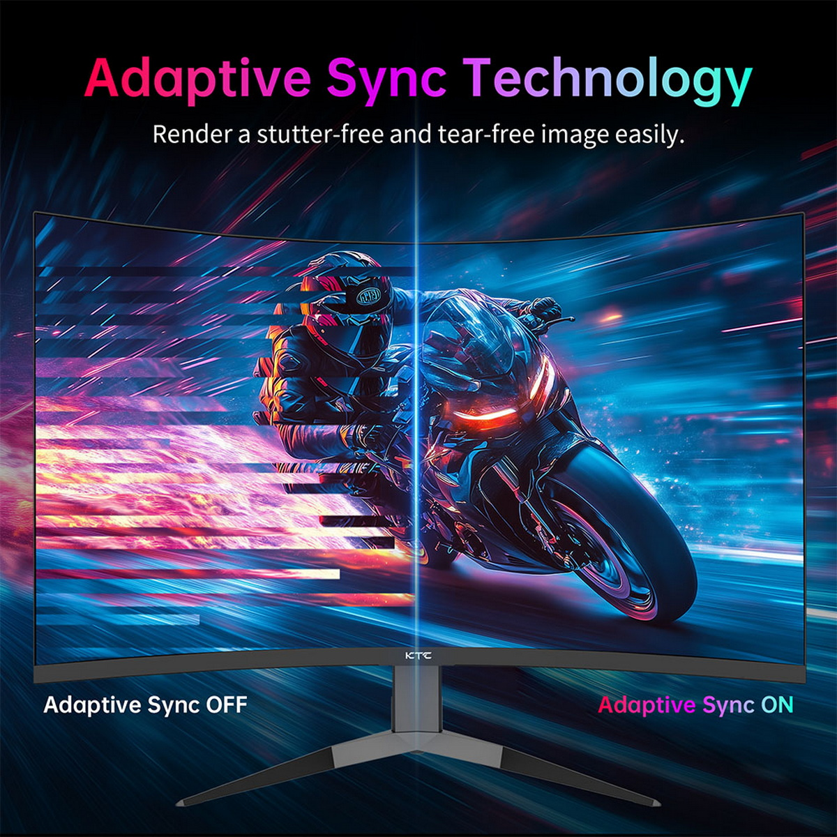 Zakrzywiony monitor pokazujący obraz motocykla. Podkreślono technologię Adaptive Sync.