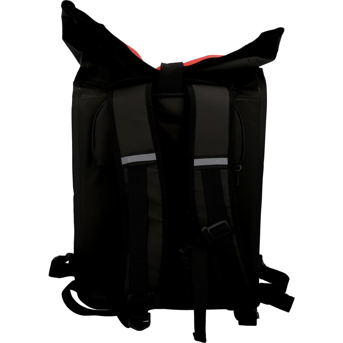 Ein schwarzer Rucksack mit roten Akzenten, von hinten gesehen, mit Trägern und Reflexstreifen.