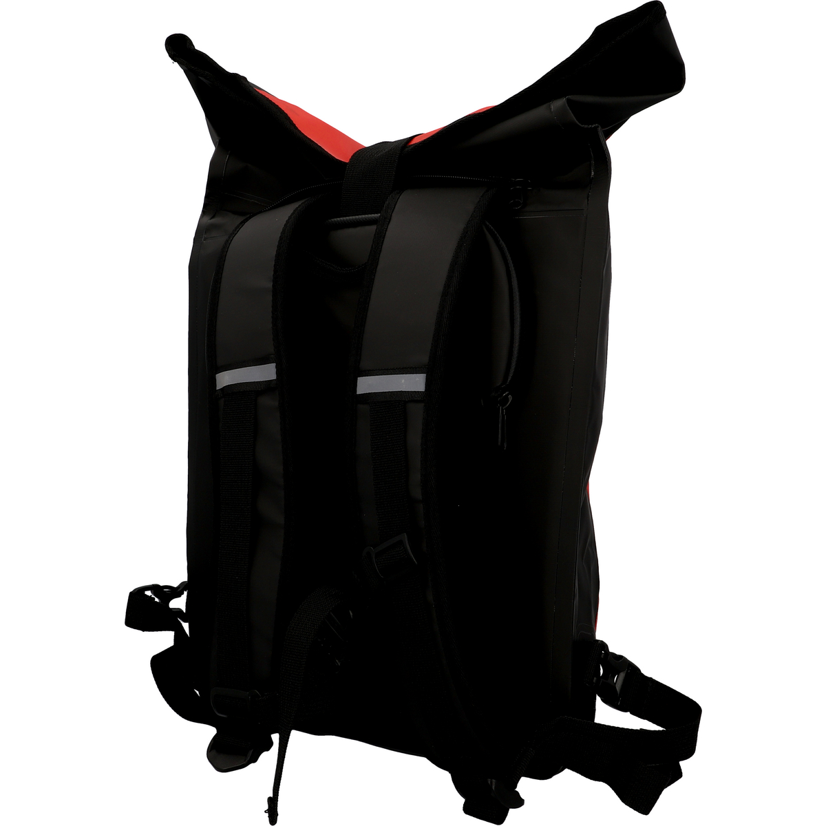 Schwarzer und roter wasserdichter Rucksack. Mit Schultergurten, Henkel und Rolltop-Design.