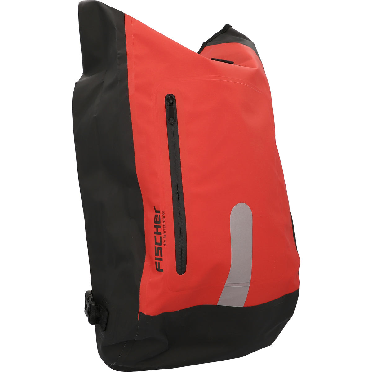 Rote und schwarze wasserdichte Fahrradtasche. Die Tasche hat einen Reißverschluss und einen reflektierenden Streifen. Der Markenname 'FISCHER' ist sichtbar.