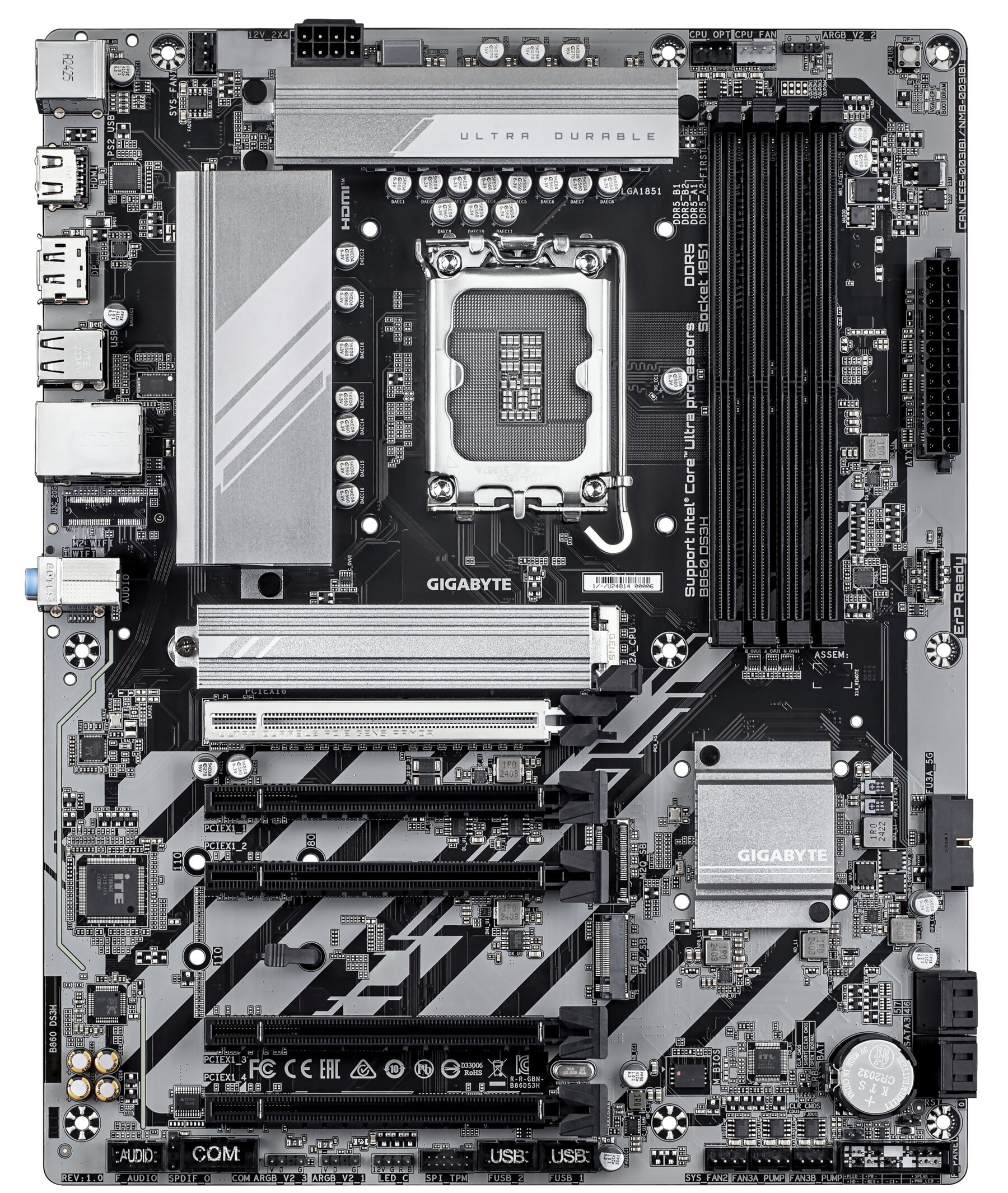 Een computer moederbord met verschillende componenten, gelabeld en gedetailleerd. Het is grijs en zwart.