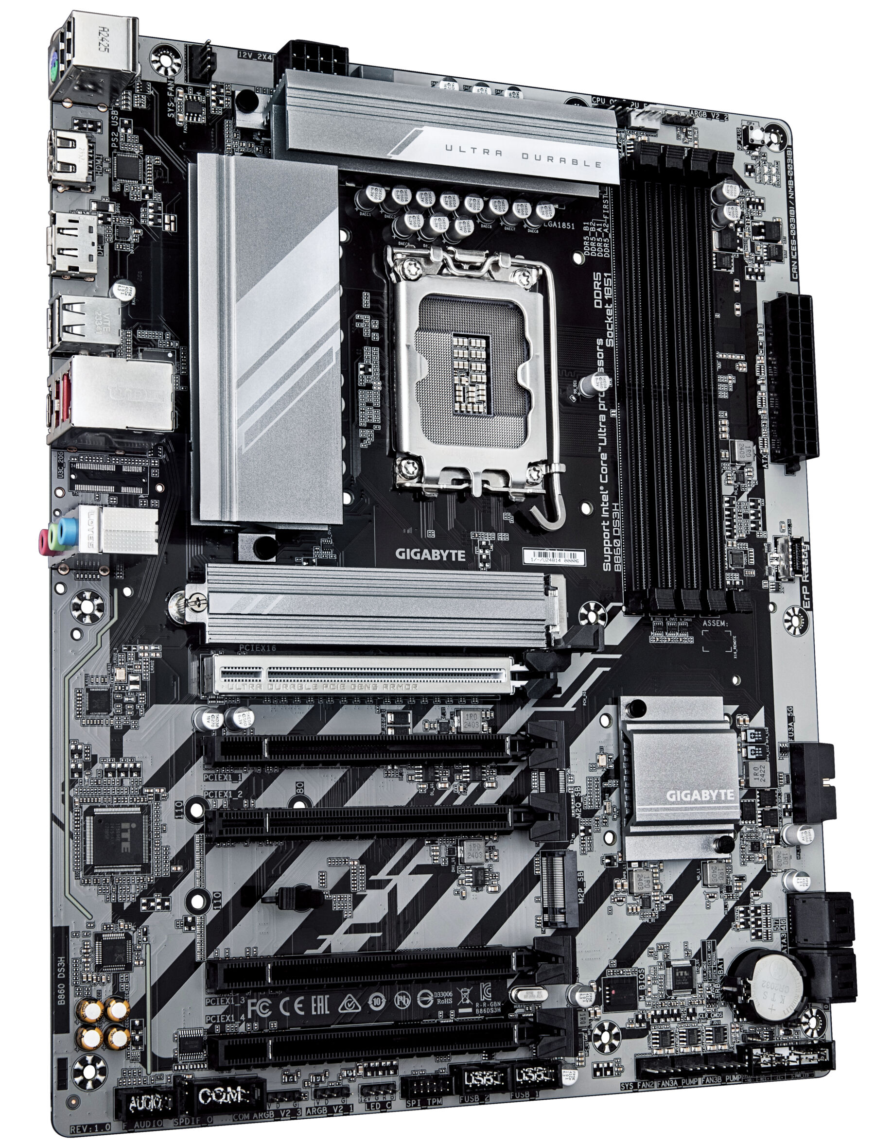Een grijs en zwart computer moederbord met diverse componenten, labels en slots.