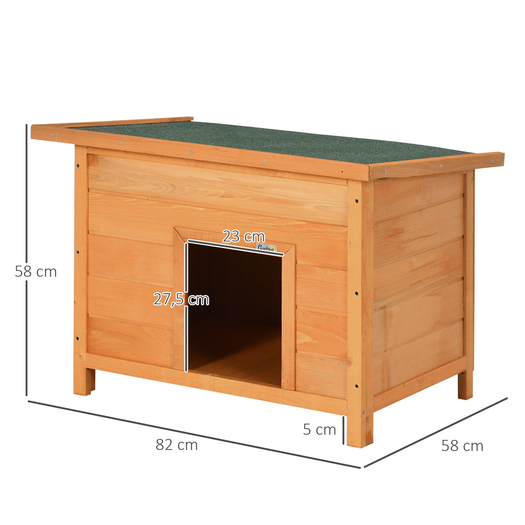 Casa para perros de madera con dimensiones. La casa es de color marrón claro con un techo verde. Se muestran las medidas.
