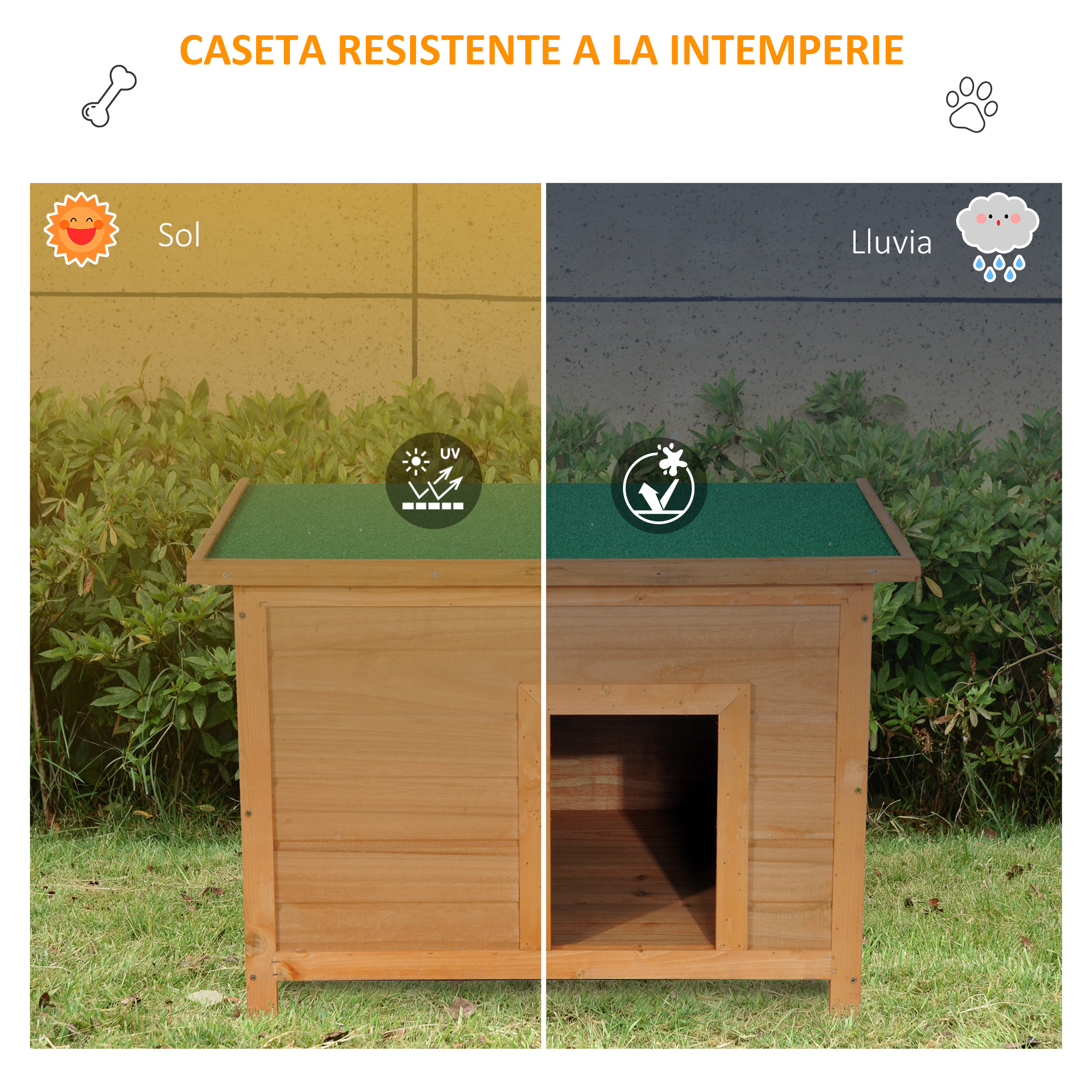 Casa para perros dividida, mostrando protección solar y lluvia, techo verde.