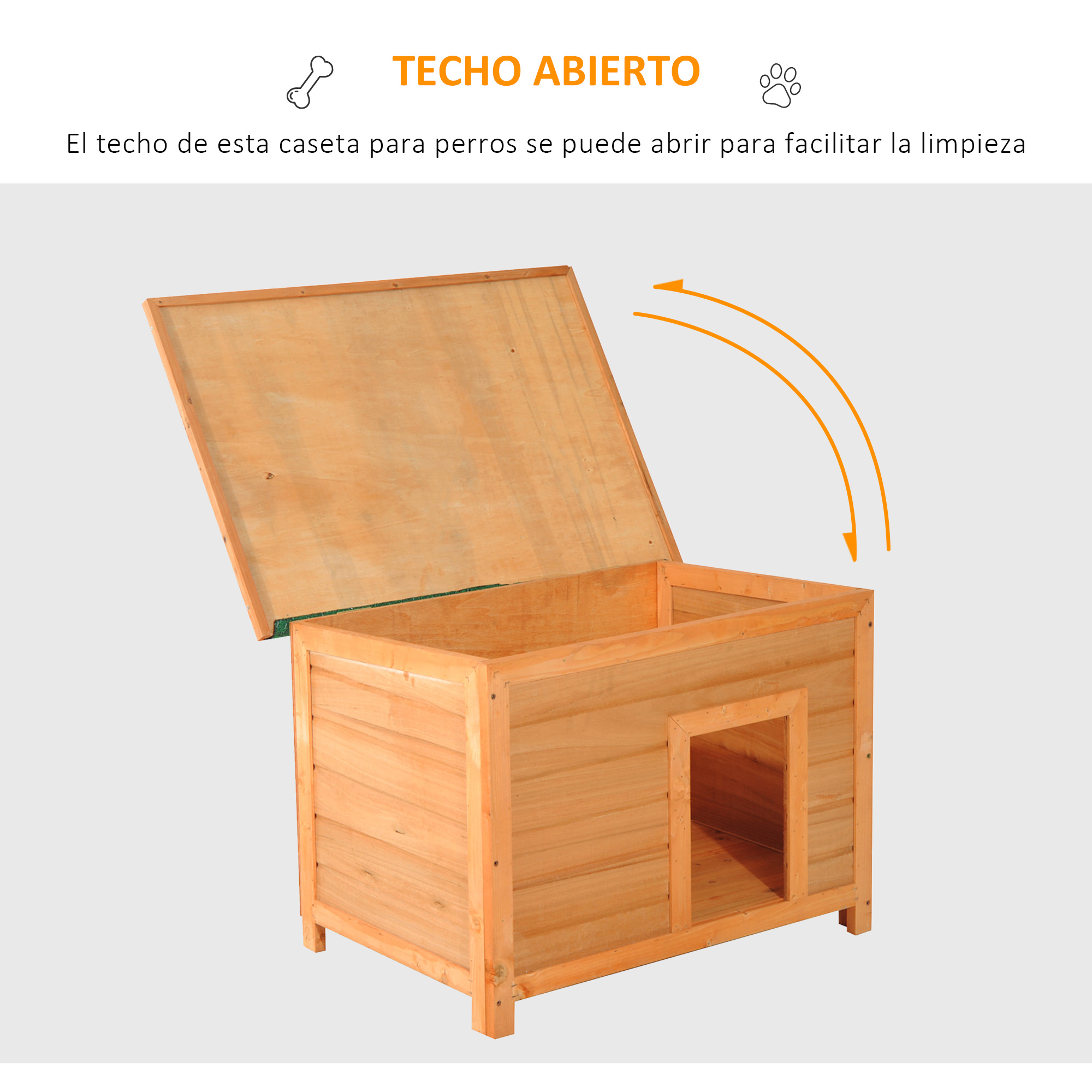 Una caseta para perros de madera con la parte superior abierta. La casa de madera tiene una puerta abierta.