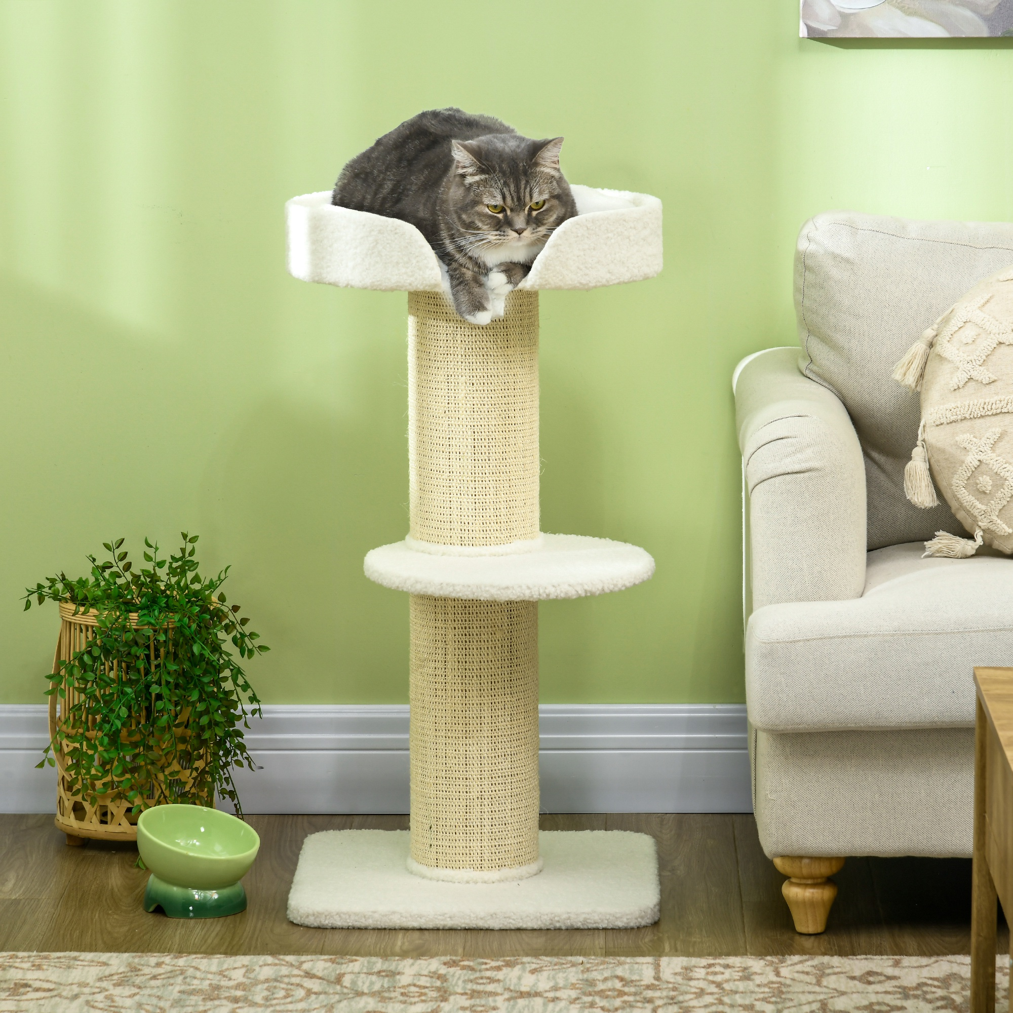 Un gato gris descansando en un árbol para gatos de color crema con un cuenco verde y una planta en el fondo.