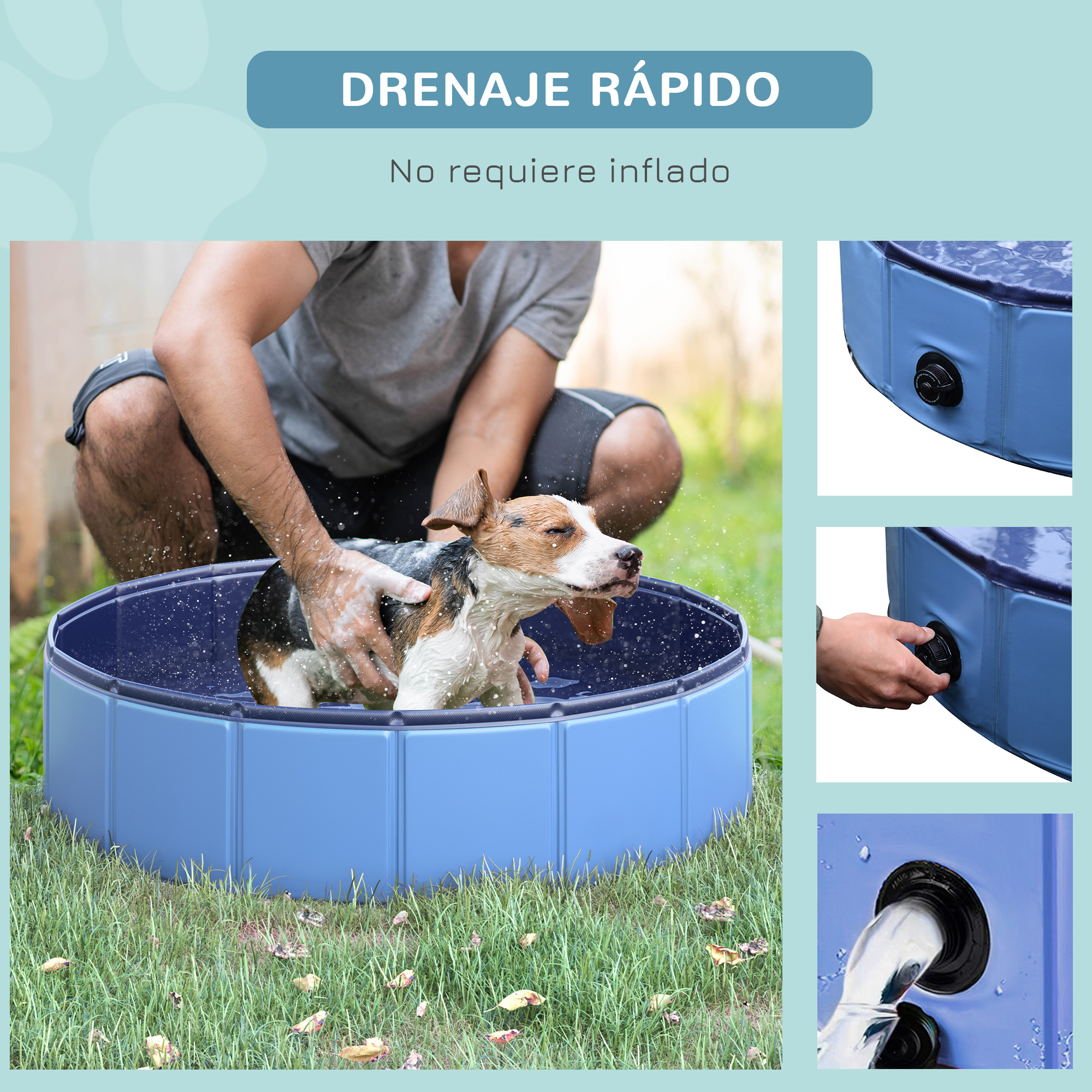 Un perro siendo bañado en una piscina azul y plegable con texto sobre el drenaje rápido.