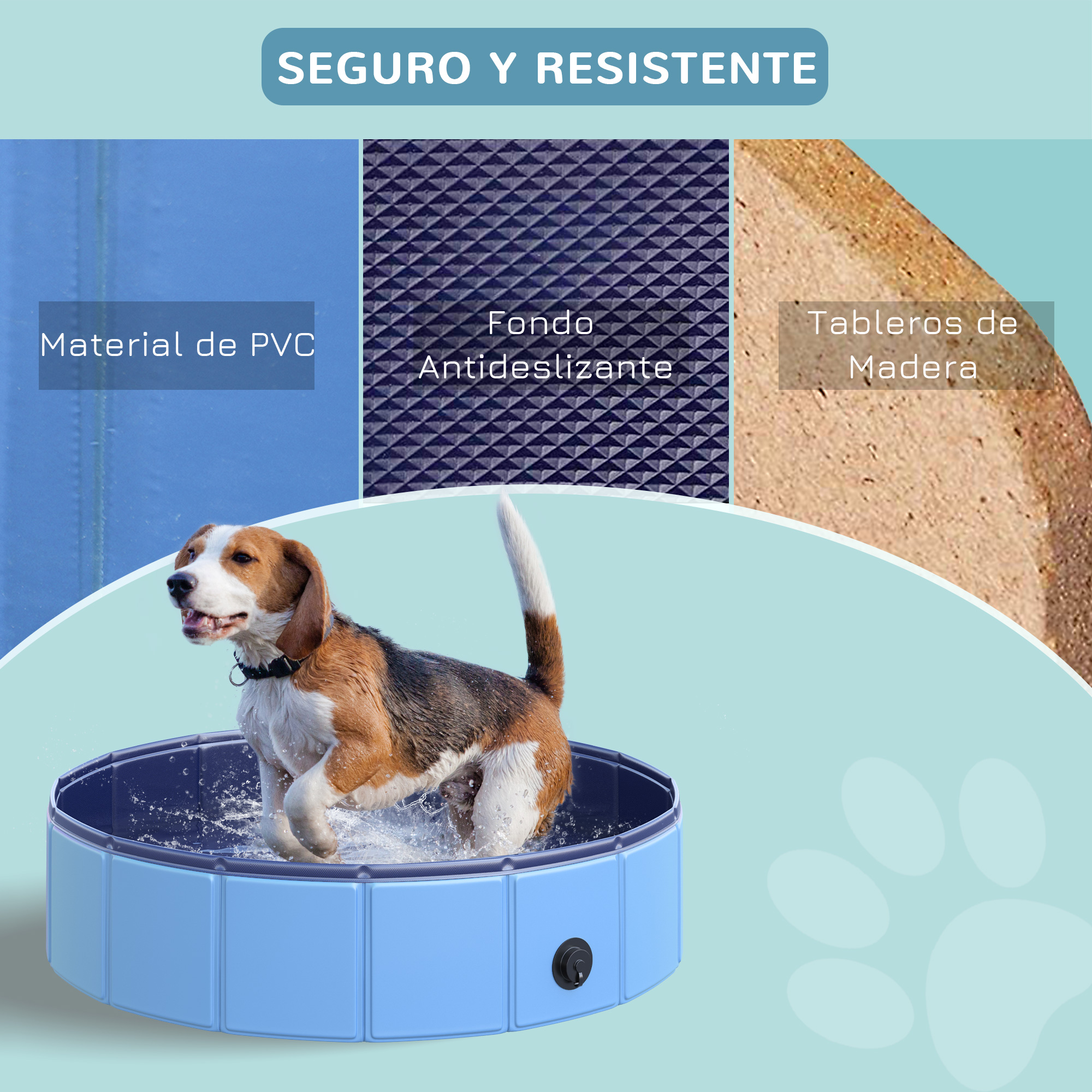 Un perro salta a una piscina de plástico azul. El texto dice 'Seguro y resistente'. Incluye material de PVC.