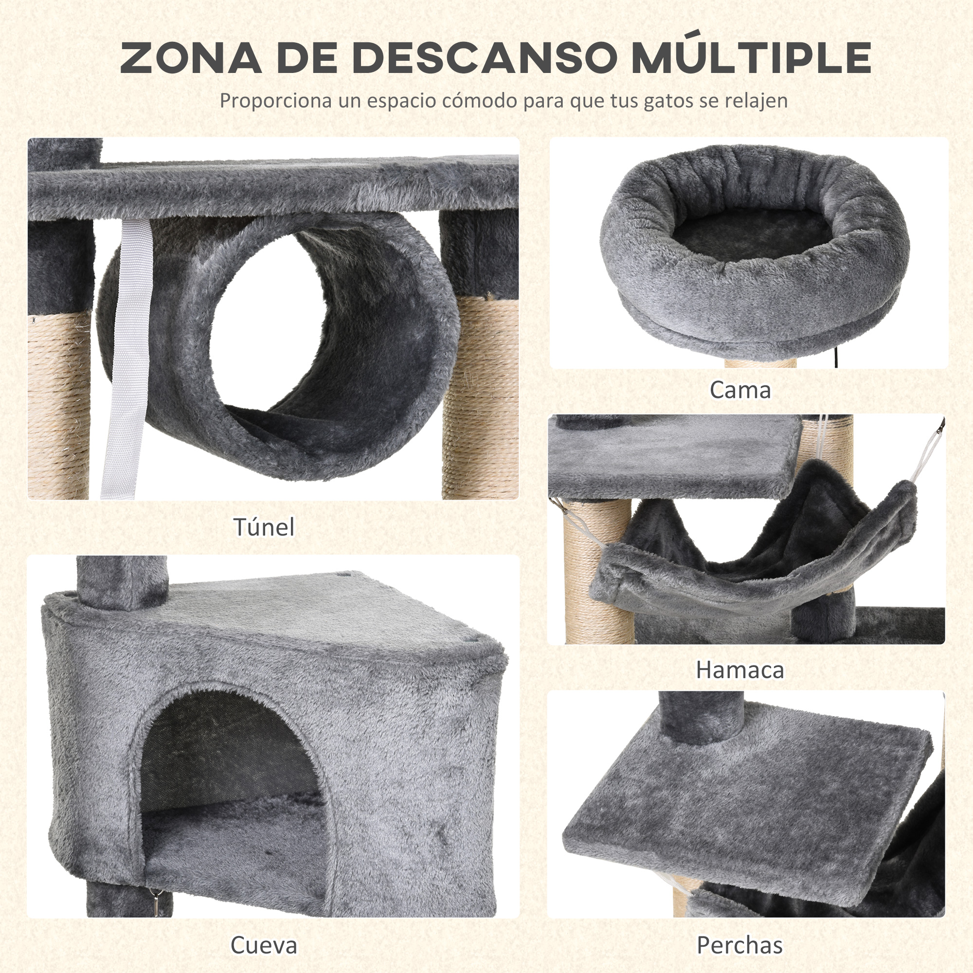 Árbol para gatos con múltiples zonas de descanso: túnel, cama, hamaca y perchas.