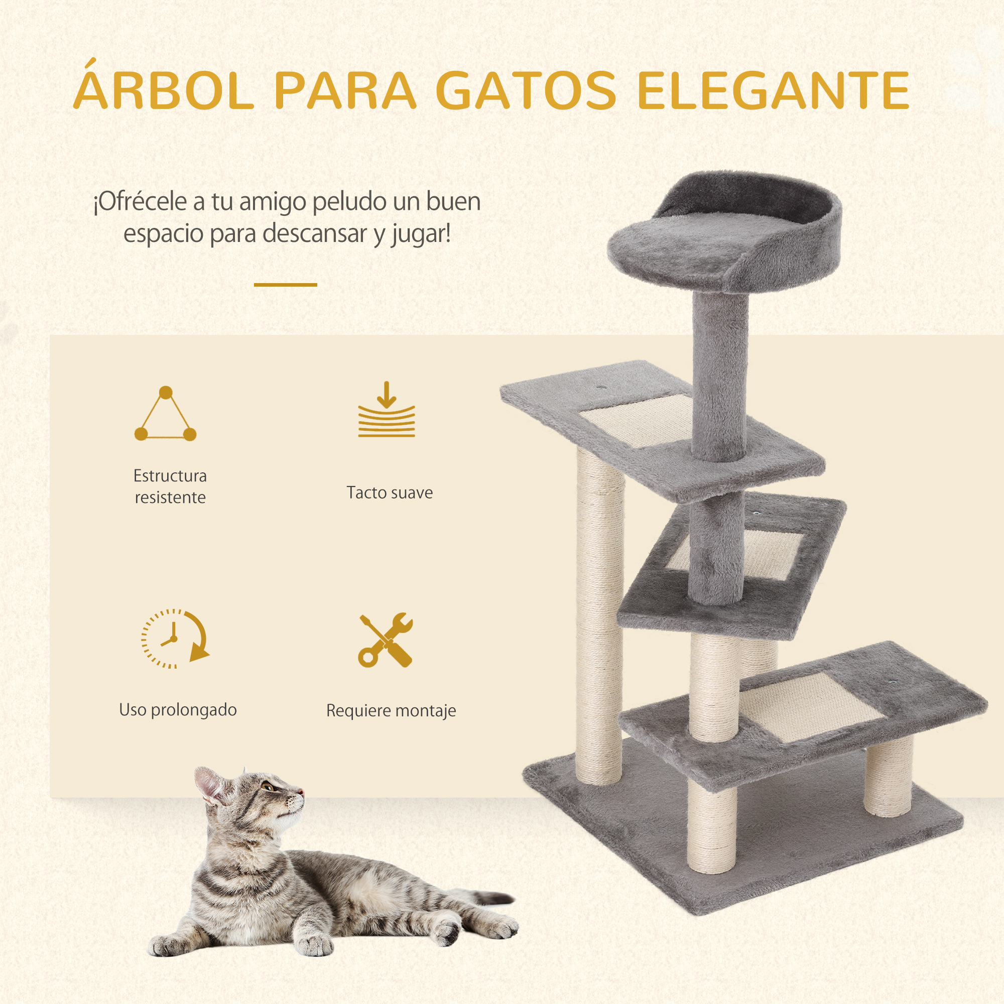 Un árbol para gatos gris con un gato abajo y algo de texto.