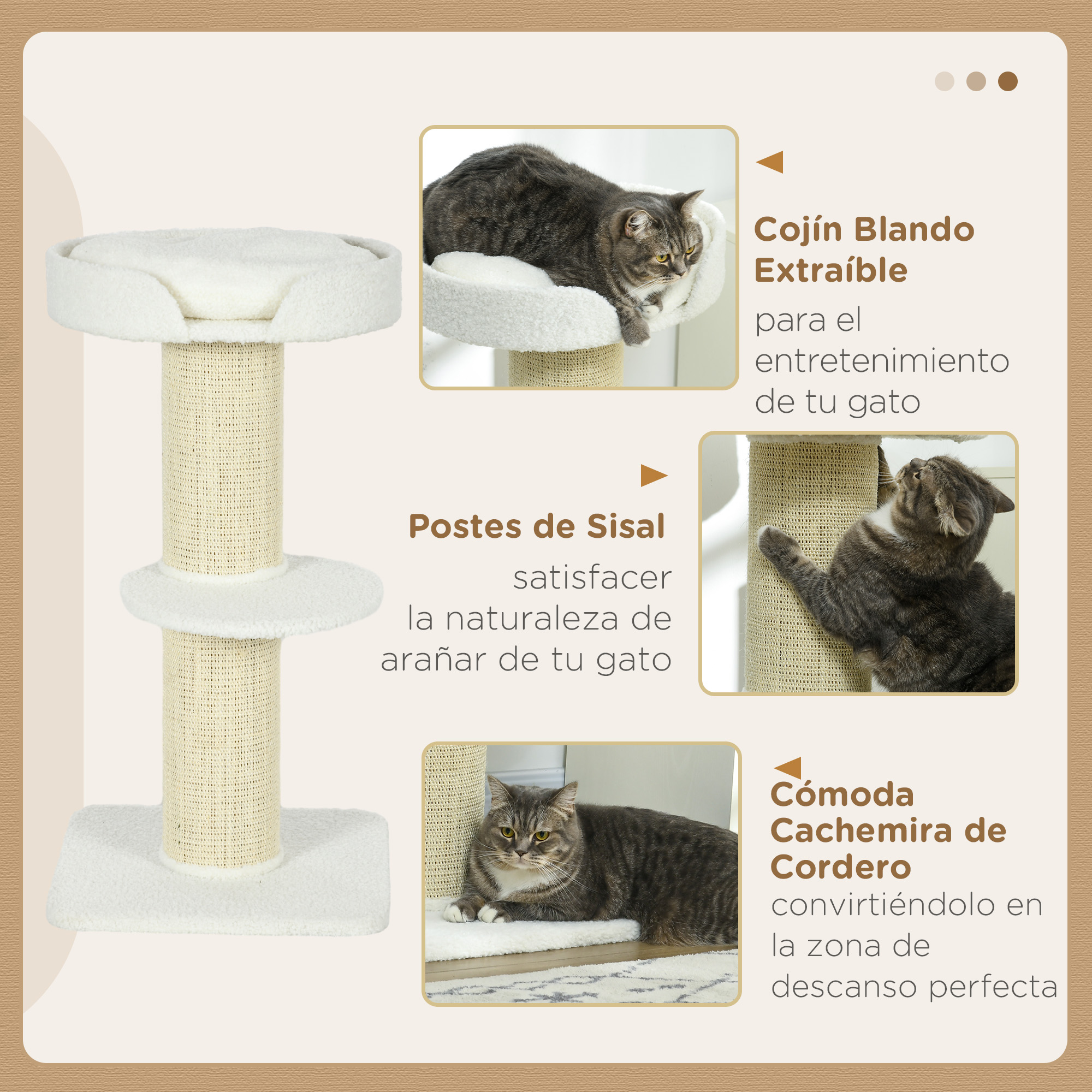 Diagrama que muestra un rascador para gatos con diferentes características.