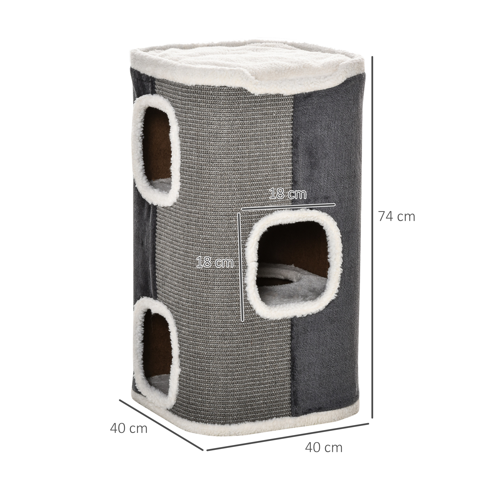 Árbol para gatos gris y blanco con dimensiones. Tiene dos aberturas y una parte superior peluda.
