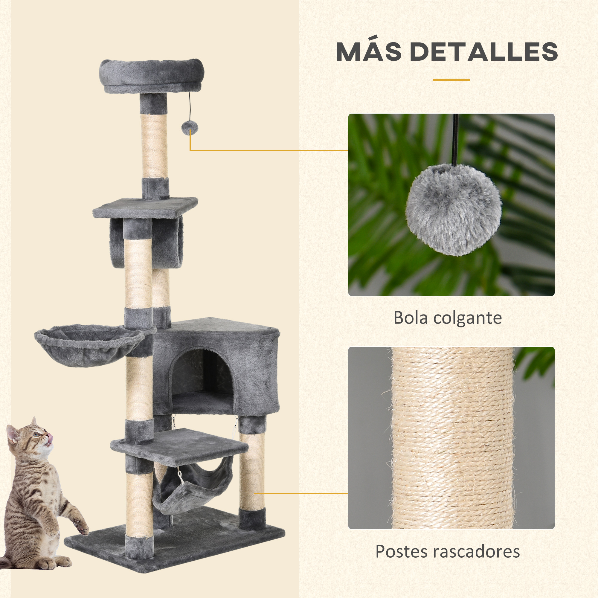 Árbol para gatos con plataformas grises, un gato mirando hacia arriba, bola colgante y postes rascadores.