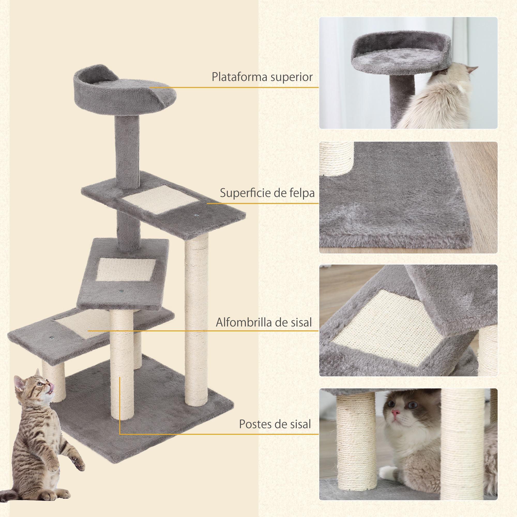 Un árbol para gatos con plataformas, postes de sisal y un gato mirando hacia arriba. Detalles de superficie y postes mostrados.